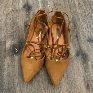 Halogen women's suede ankle wrap flats. Color: Tan, Size: 6.5